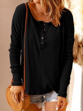 1269. Black Henley waffle knit long sleeve top
